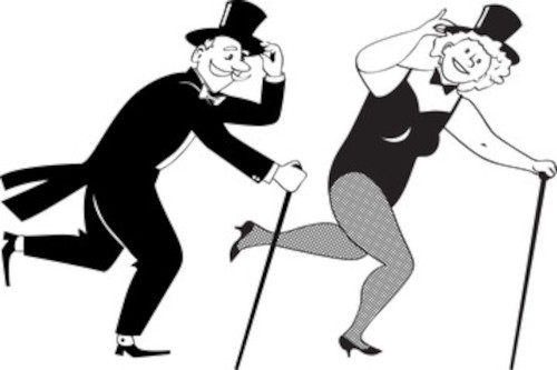 Old time black and white image of man and woman dancing while holding cans and tipping their top hats