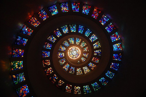 Stained glass windows in a spiral. the