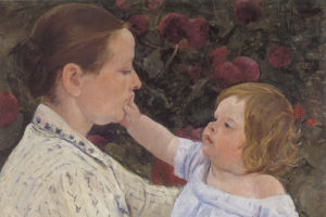 painting of a woman and a baby. The baby is touching it's mother's cheek.