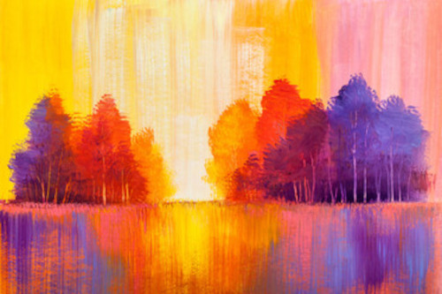painting of trees in yellows, reds and purples