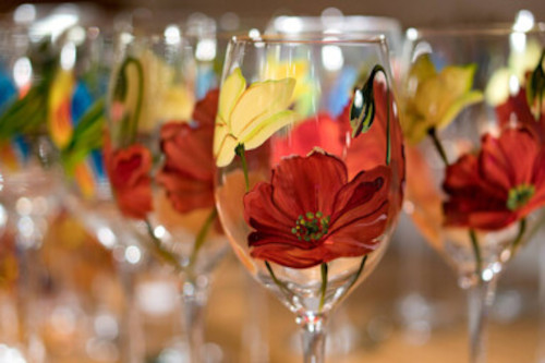 Wineglasses painted with red and yellow flowers