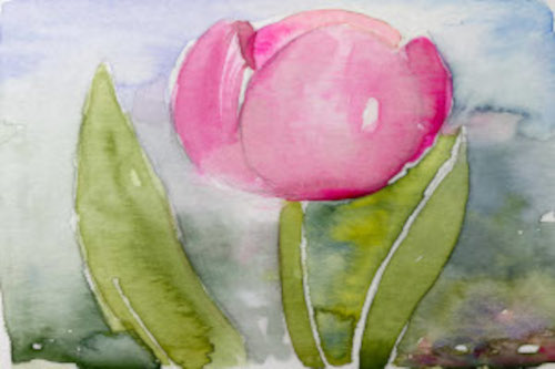 watercolor painting of pink tulip with green leaves