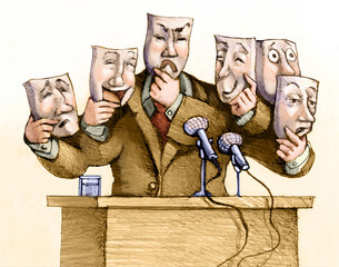 Picture of a politician at the podium with a mask on and holding multiple masks. Suggests multiple personalities and viewpoints