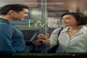 Movie poster from Past Lives, with a man an woman looking at each other and holding hands.