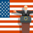 Cartoon of a president standing at a podium in front of the american flag