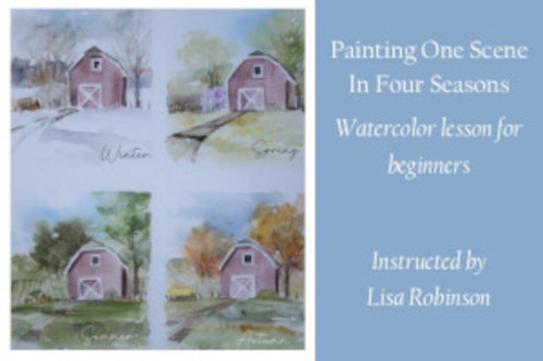 4 watercolor paintings of a barn in all 4 seasons.