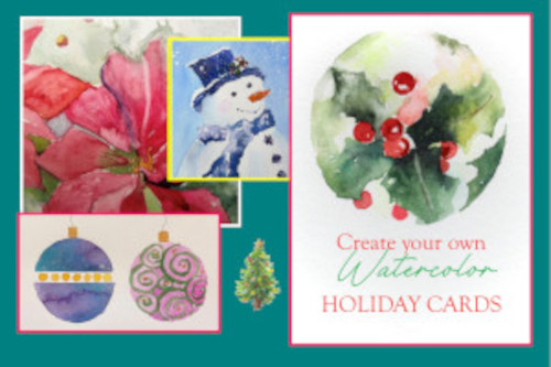 Picture of various holiday water color paintings. Poinsetta, snowman, holly, ornaments.