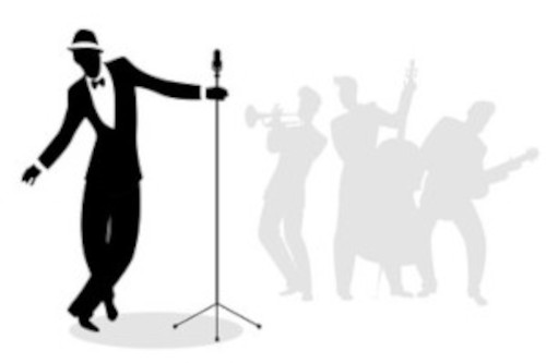 Silhouette of Frank Sinatra at a microphone with a band playing in the background.