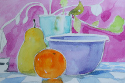 Watercolor painting of an orange, bowl, pear and glass.