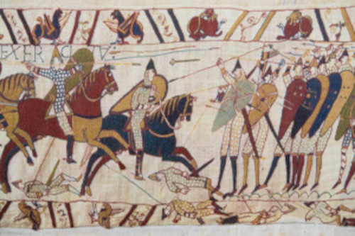 Painting of ancient soldiers with spears and shields during a war