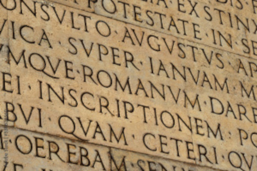 latin500 Picture of a stone wall with latin words etched in it