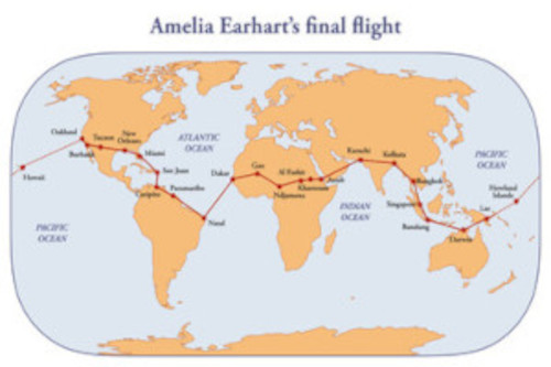 Map plotting Amelia Earhardt's final flight.