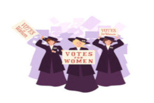 Cartoon of Suffragettes holding a Votes for Women sign.