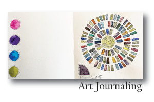 Watercolor doodles in a circular pattern with lettering that says Art Journaling.