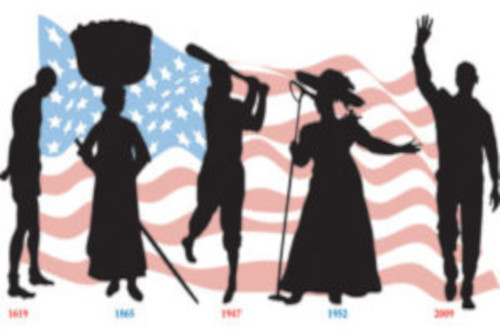 Black-History-500 Image of people who were enslaved against a backdrop of an American flag.