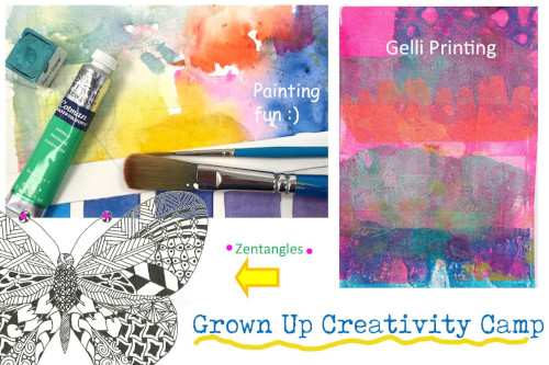 Photo of an advertisement for a Grown Up Creativity Camp highlighting zentagles, gelli printing and other painting fun