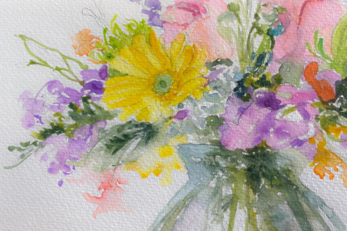 Various colored flowers painted with watercolor paints