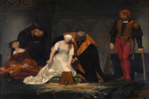 Painting of the execution of Lady Jane Grey. She has a blindfold on and there is a man with an ax ready to kill her.