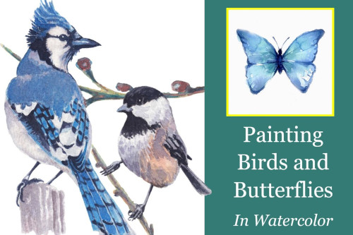 Advertisement which says painting birds and butterflies and has a paintin gof a bluejay, sparrow and butterfly