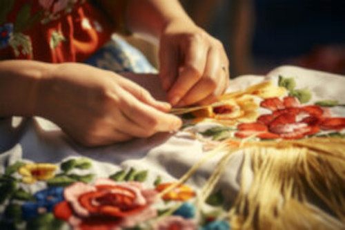 Woman embroidering flowers in multicolors