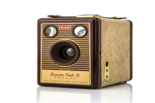 Old Kodak Brownie camera. Square with lens.