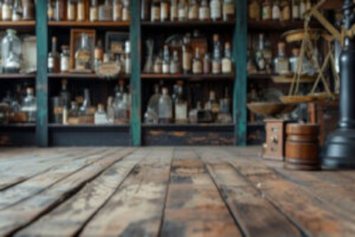 the floor of an old pharmacy with glass bottles in the background