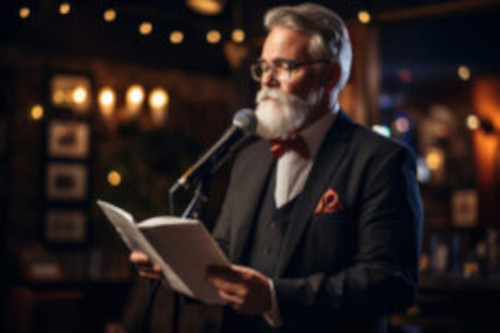 Man at a microphone reading something from a book