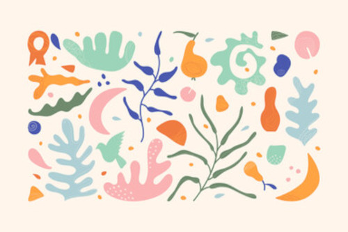 Abstract images of flowers and birds in multi colors.
