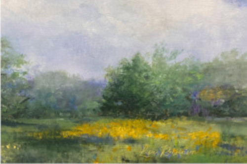 Acrylic landscape for Oasis500 Acrylic painting of a meadow with yellow flowers in the grass and green trees in the background.