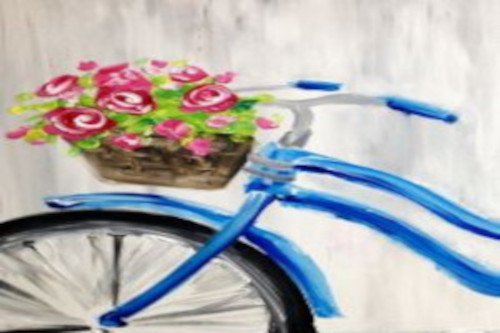An acrylic painting of a blue bicycle with a basket of pink flowers hanging from the handle bars