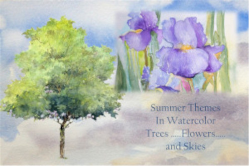 Watercolor painting of a tree and purple irises.