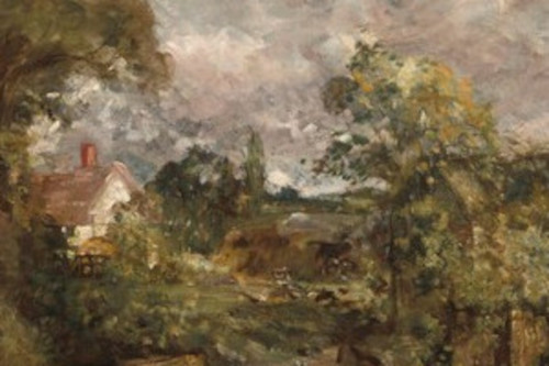 A painting by Turner and Constable of a farm house in the middle of the woods. Painted with muted colors of green, beige, white and brown.
