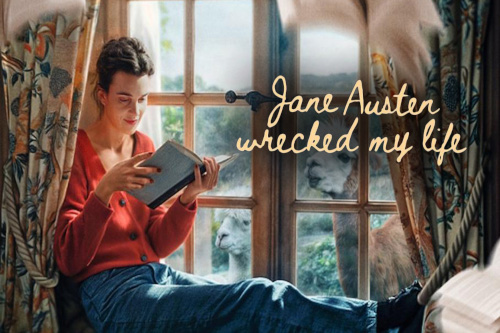 austen Image of a women reading a book by a window. Has the title Jane Austen Wrecked My Life overlaid on it.