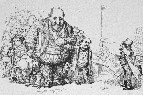 bosstweed Cartoon of Boss Tweed looking at someone with a newspaper talking about fraud
