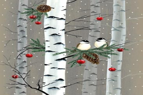 birches painting with white birches with chickadees on the branches
