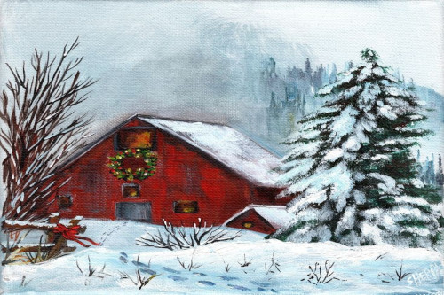 winterbard painting of a red barn with snow, and two trees next to it