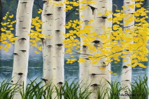 watercolor painting of white birch trees with yellow flowers