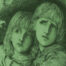 Ink drawing of two children with a green cast over the entire picture.