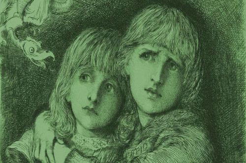 Ink drawing of two children with a green cast over the entire picture.