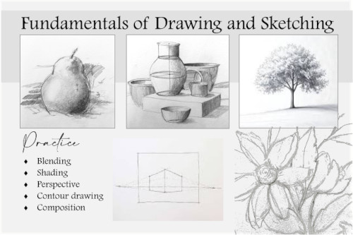 Drawing and sketching oasis robinson An advertisement for the fundamentals of drawing and sketching class showing sketches of vessels, trees, flowers , a pear and a building.