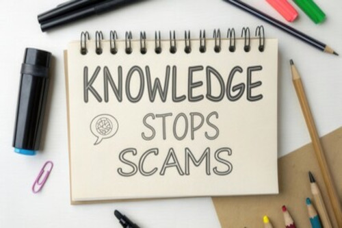 A picture of a notebook that says knowledge stops scams