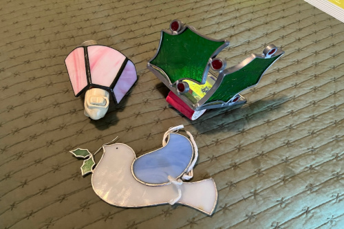 stained glass Stained glass nightlight (one glass), votive cover (holly and ivy), and a sun catcher (dove)