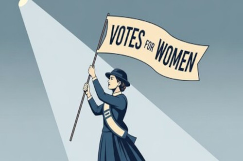 women Cartoon of a women's right leader holding a sign saying votes for women