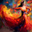 painting of a latin dancer in a red flowing dress and bright multicolored background