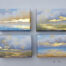 Picture of 4 Triptych paintings of a sky and water with blues and golds.