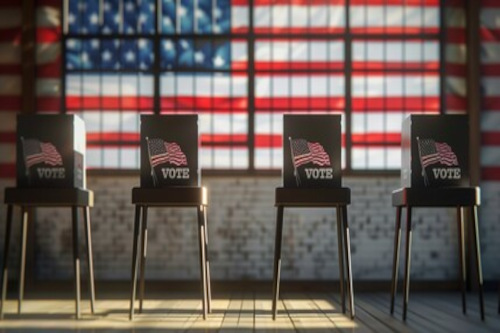 photo of 4 election boxes with flags on them that say vote set against an american flag in the background.