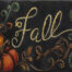 fall painting of pumpkins and the word fall in gold against a black background