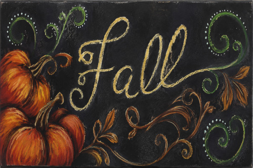 fall painting of pumpkins and the word fall in gold against a black background