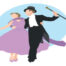 an image of a man in white tie and tails and a woman in a long purple dress dancing together.