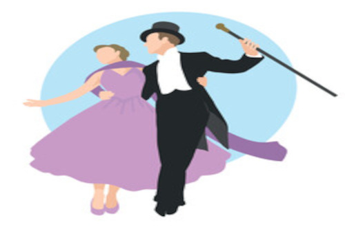 an image of a man in white tie and tails and a woman in a long purple dress dancing together.